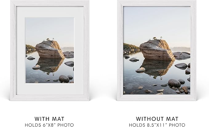 HAUS AND HUES 8.5x11 Picture Frame with Real Glass & White American Oak Matted to 6x8 - Oak Glass Picture Frame - Includes Vertical & Horizontal Hang - Ideal for Home, Room, Office (8.5x11 in, White)