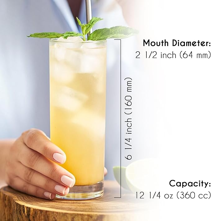 Volarium Highball Glasses with Heavy Base, Clear Drinking Glasses Set for Water, Juice, Cocktails, Wine, Beer, and Whiskey, 12 1/4 Ounce, Set of 6 (Highball Glasses)
