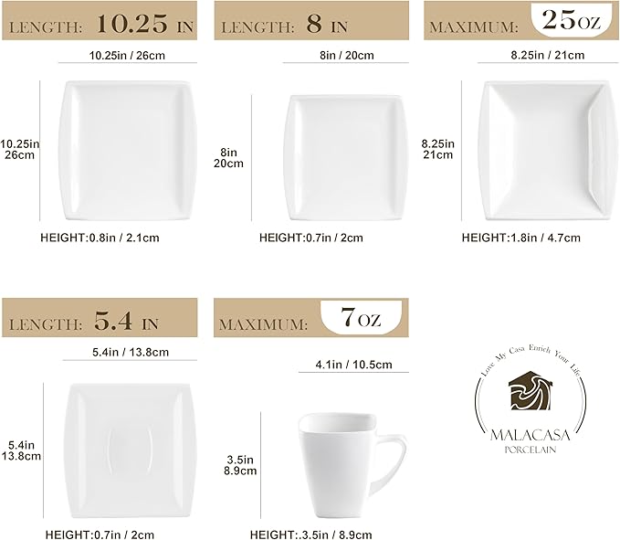 MALACASA Plates and Bowls Sets, Square Dinnerware Sets for 6 (30pcs), Series Blance