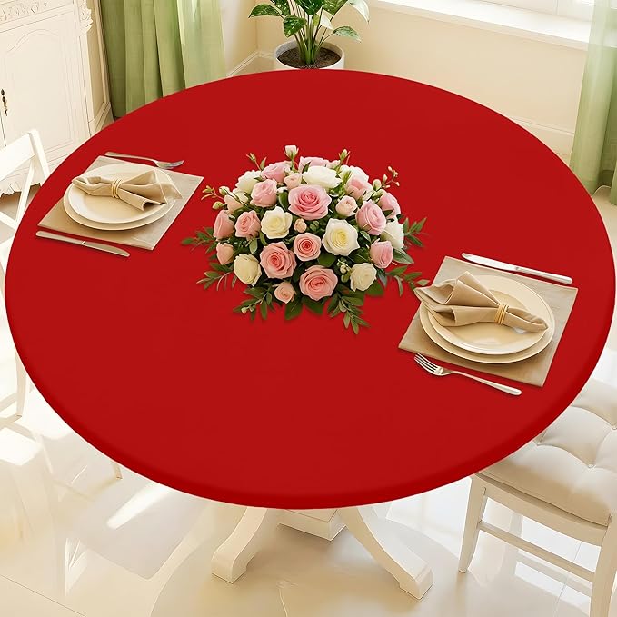 Round Spandex Tablecloth, Elastic Fitted Waterproof Tablecloths for 42"-50" Tables, Stretch Washable Picnic Table Cover for Camping, Dining, Indoor and Outdoor, Red