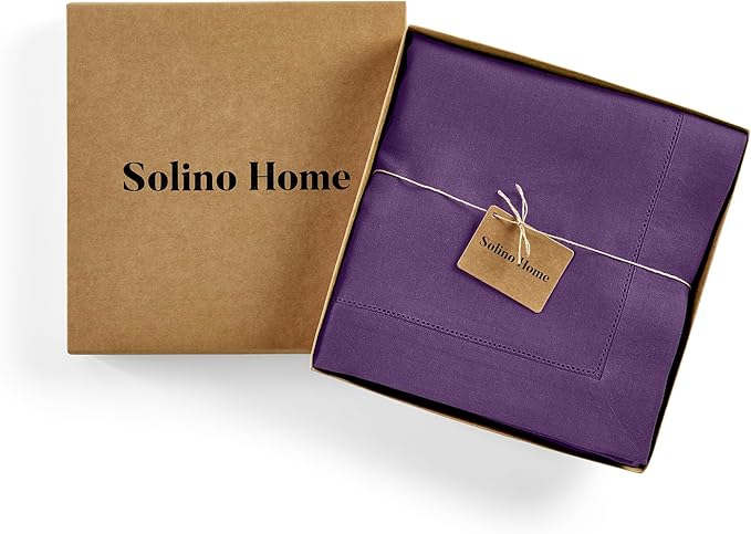Solino Home Linen Tablecloth for Rectangle Tables 60 x 144 Inch - Classic Hemstitch 100% Pure Linen Purple Table Cloth - Machine Washable Cloth Tablecloth for Valentines, Spring, Easter