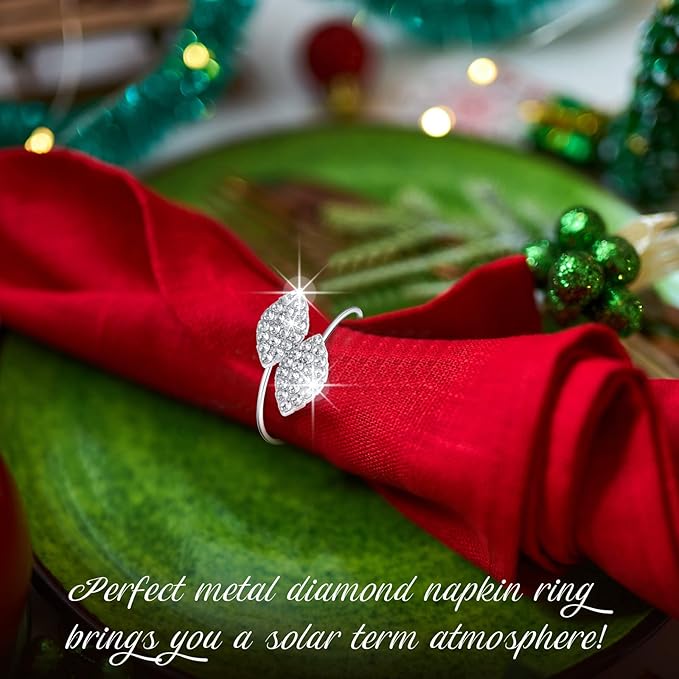 Hotop 72 Pcs Silver Holiday Napkin Rings Set Silver Bling Winter Napkin Rings Bulk Metal Leaves Holders Rhinestone Buckle for Wedding Christmas Dinner Gather Party Prom Table Decoration