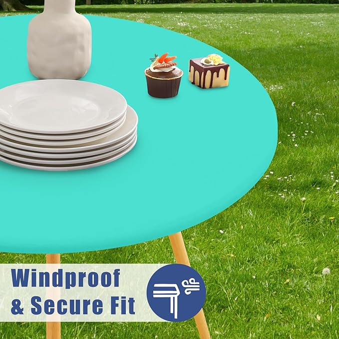 Round Spandex Tablecloth, Elastic Fitted Waterproof Tablecloths for 42"-50" Tables, Stretch Washable Picnic Table Cover for Camping, Dining, Indoor and Outdoor,Aqua Blue