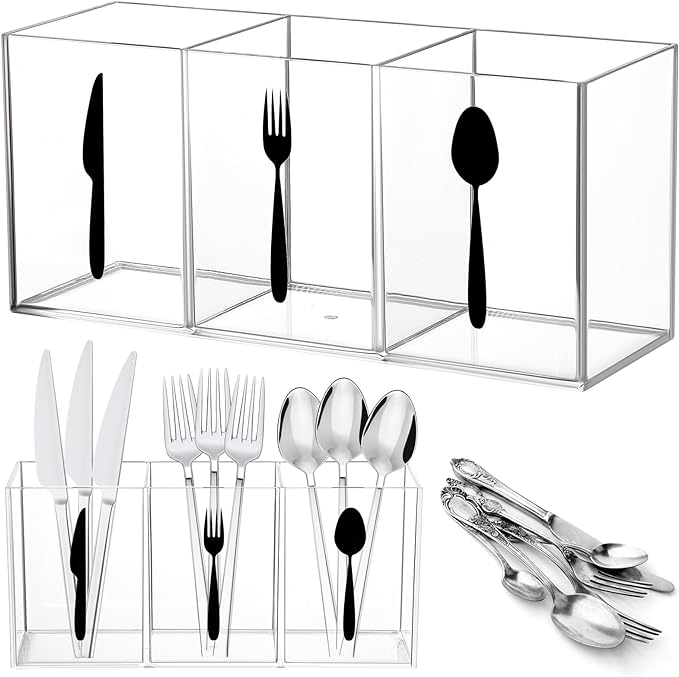 Suzile Acrylic Cutlery Storage Organizer Bin Silverware Caddy Countertop Knife Spoon and Fork Holder Kitchen 3 Section Tableware Storage Box for Cabinet Indoor Home Flatware Dining Room (Clear,M)