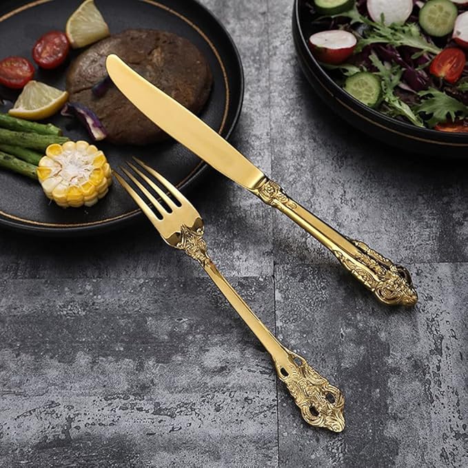Gold Silverware Set for 6 Durable 18/10 Stainless Steel Flatware Set Palace Style Modern Cutlery Utensils Set 24 Piece Include Knives Forks and Spoons Tableware Set for Home Kitchen Restaurant