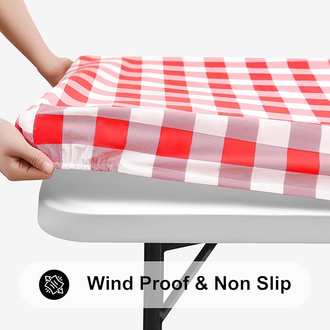 Smiry Square Picnic Table Cloth, Elastic Waterproof Fitted Vinyl Tablecloths, Flannel Backed Buffalo Plaid Table Covers for Dining, Camping, Outdoor (White and Red, 24" x 24")