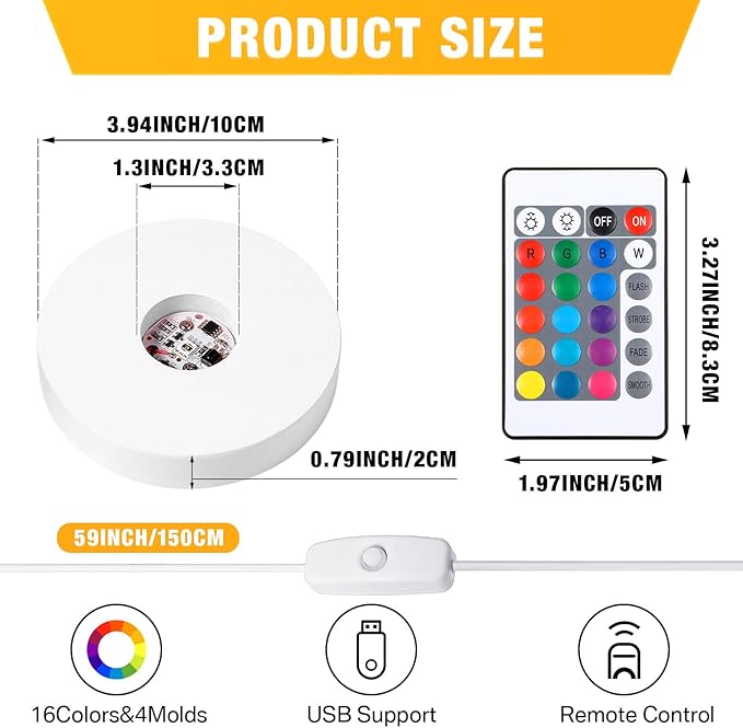 2 Pcs Light LED Base Wood LED Display Base for Glass Art Valentine Decor Crystal Acrylic Resin, 16 Colored USB Light with Remote Wooden Round Lamp Stand for 3D Crystal Ball Room Home Decor(White)