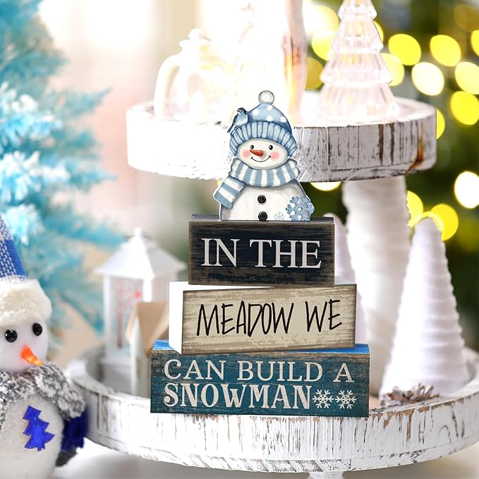 4 Pcs Winter Table Decoration Blue Snowman Decor Winter Tiered Tray Decor Christmas Centerpiece Decorative Wooden Snowman Block Sign Decoration for Home Kitchen