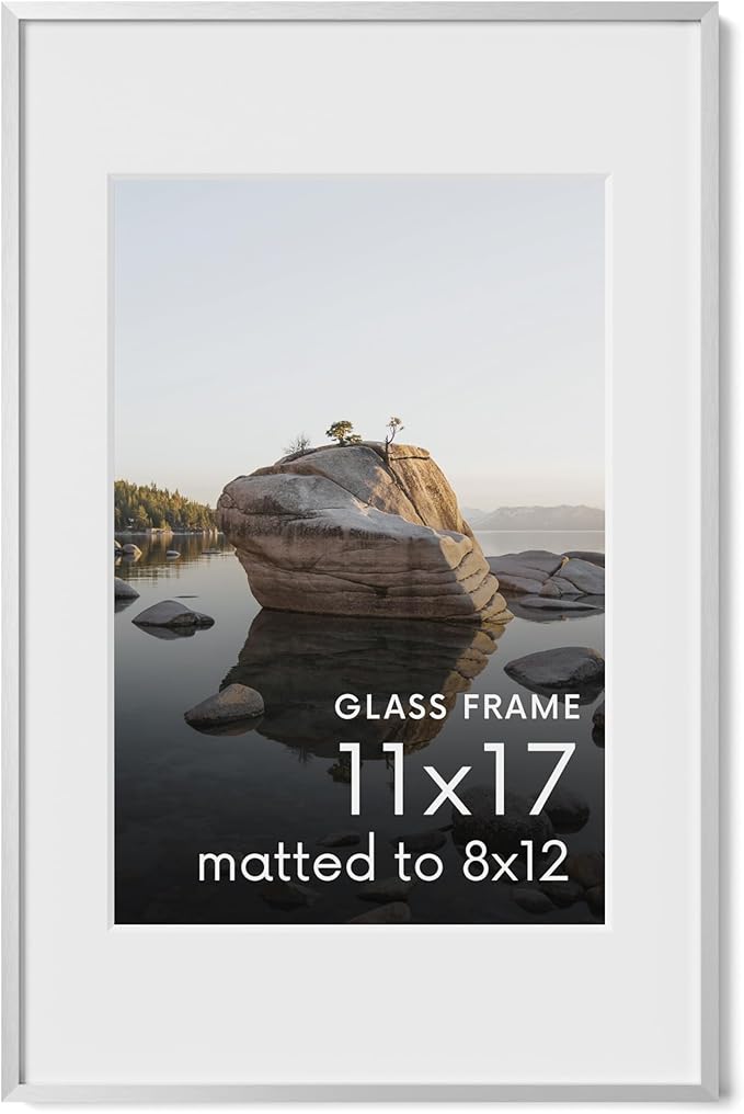 HAUS AND HUES 11x17 Picture Frame with Real Glass & Silver Premium-Grade Metal Matted to 8x12 - Aluminum 11x17 Picture Frame - Includes Hanging Kit - Ideal for Home, Office (11x17 in, Silver)