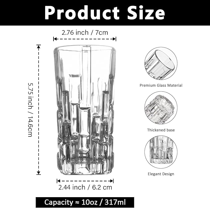 Tall Highball Glasses Set Of 6 - Elegant Tom Collins Glasses - Textured Designer Glassware Set For Whiskey,Drinks, Water, Beer, Soda 10 Oz