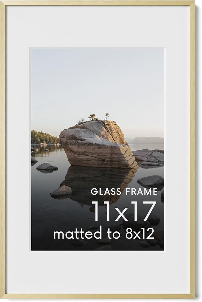 HAUS AND HUES 11x17 Picture Frame with Real Glass & Gold Premium-Grade Metal Matted to 8x12 - Aluminum 11x17 Picture Frame - Includes Hanging Kit - Ideal for Home, Office (11x17 in, Gold)