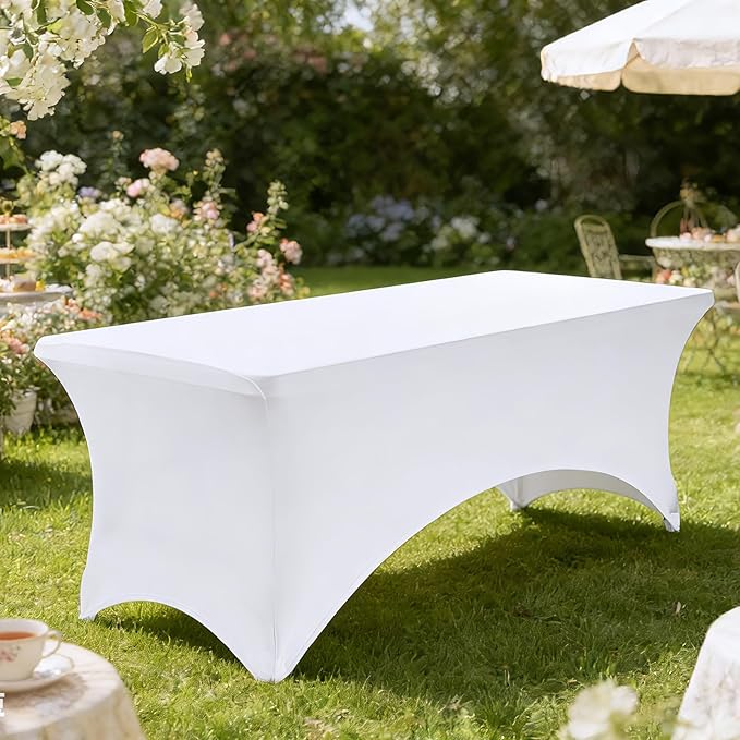 VidaFete Spandex Tablecloth 2 Pack 6FT, Fitted Stretch Table Cover for Rectangle Tables, Wrinkle Resistant and Washable Tablecloths for Outdoor, Picnic, Party, Wedding, Banquet, Birthday, White