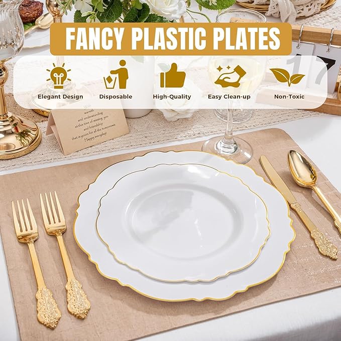 WDF 100pcs Gold Plastic Plates - High-end Baroque Design - Heavy Duty White &Gold Wedding Plates Set Ideal for Weddings/Party/Bridal Shower/Valentine's Day