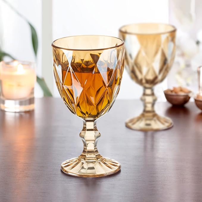12 Pcs Vintage Wine Glasses, 10 Ounce Colored Glass Water Goblets, Unique Embossed Pattern High Clear Stemmed Glassware Wedding Party Bar Glass Drinking Cups Fancy Wine Glasses Amber Set of 12