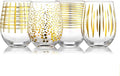 Set of 4 Crystal Stemless Wine Glasses with Etched Dots and Stripes Pattern, 17.5oz Elegant Glassware for Red Wine, Perfect for Weddings, Anniversaries, and Parties (Gold)