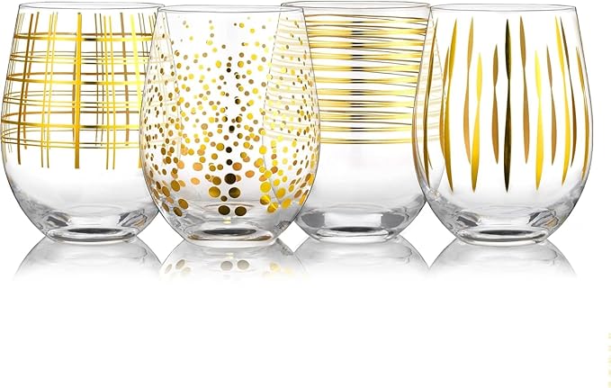 Set of 4 Crystal Stemless Wine Glasses with Etched Dots and Stripes Pattern, 17.5oz Elegant Glassware for Red Wine, Perfect for Weddings, Anniversaries, and Parties (Gold)