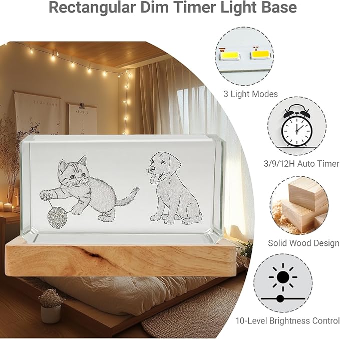 Rectangle LED Light Base with Timer & Adjustable Brightness - Wood Display Stand for Glass Art,Crystal Display,6 inch