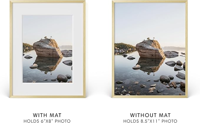 HAUS AND HUES 8.5x11 Picture Frame with Real Glass & Gold Premium-Grade Metal Matted to 6x8 - Aluminum 8.5 by 11 picture frame - Includes Hanging Kit - Ideal for Home, Office (8.5x11 in, Gold)