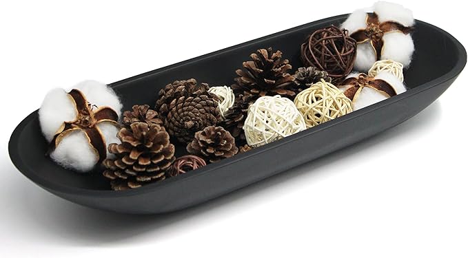 Large Decorative Bowl for Home Decor - Long Dough Bowl with Anti Slip Base for Table Centerpieces - Black Minimalist Design Dough Decor Bowl for Coffee Table, Dining Table Centerpiece