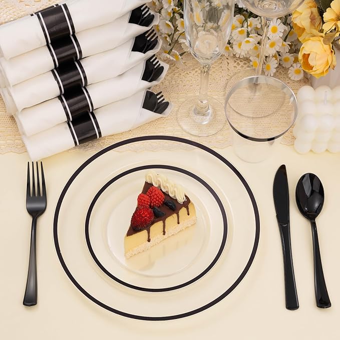 700PCS Clear Black Disposable Plates Set for 100 Guests, 200 Plastic Plates, 100 Plastic Cups, 100 Pre-Rolled Napkins with Cutlery for Party, Christmas, Birthday, Wedding, Thanksgiving, Halloween