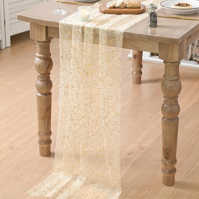 Artoid Mode Gold Gauze Champagne Table Runner 120 Inch 10FT, Glitter Metallic Foil Sheer Dining Wedding Anniversary Holiday Birthday Table Decor for Home Party