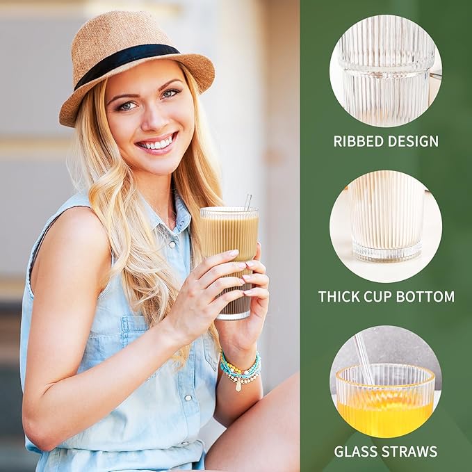 20 Oz Glass Cups and Straw 6 Set, Glass Tumbler with Straw, Vintage Glassware for Whiskey Cocktail Beer, Iced Coffee Cups (6 PACK)