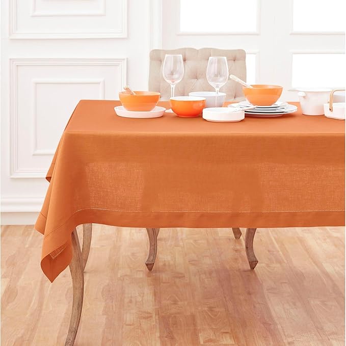 Solino Home Linen Tablecloth 60 x 156 Inch - Classic Hemstitch 100% Pure Linen Pumpkin Table Cloth for Rectangle Tables - Machine Washable Tablecloth