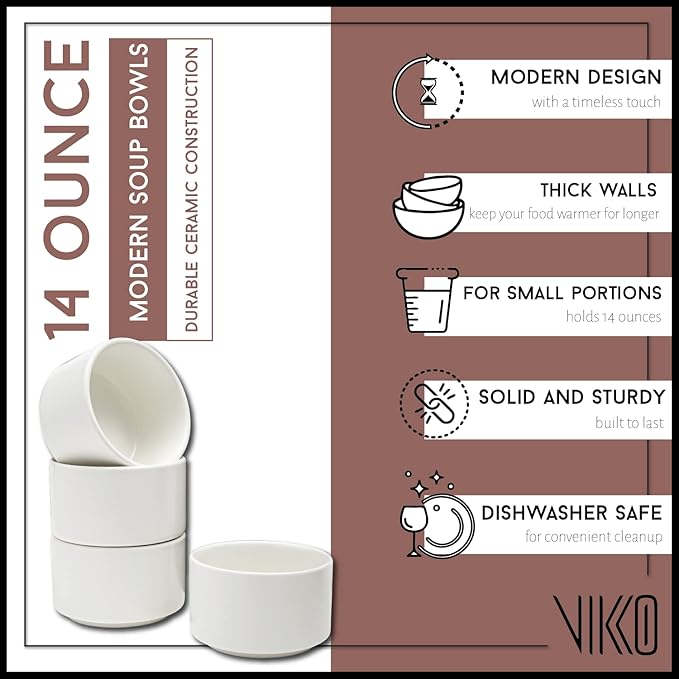 Vikko Modern Soup Bowls, Set of 6 Matte White Porcelain Bowls, Stackable 14 oz Elegant Restaurant Style Soup Bowl Set, Microwave and Dishwasher Safe