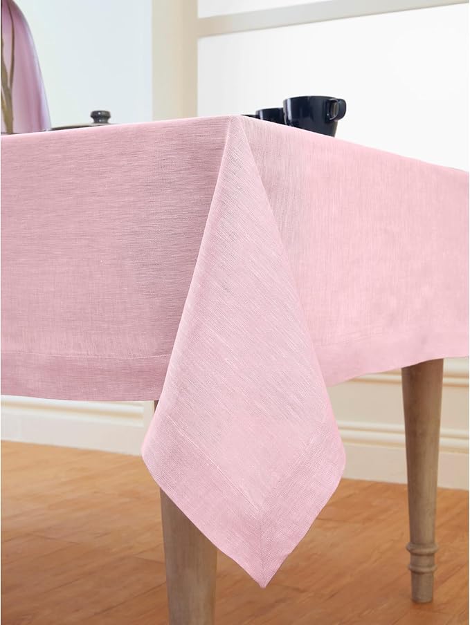 Solino Home Linen Tablecloth 60 x 120 Inch - 100% Pure Linen Bubblegum Pink Table Cloth for Rectangle Tables - Athena, Machine Washable Tablecloth for Valentines, Spring, Easter