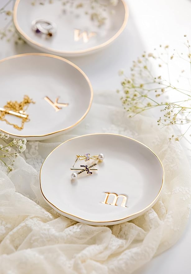 COLLECTIVE HOME - Ceramic Jewelry Tray, Decorative Trinket Dish for Rings Earrings Necklaces Bracelet Watch Keys, Birthday Mother's Day Christmas Gift for Women, 4.75", White Surface (O)