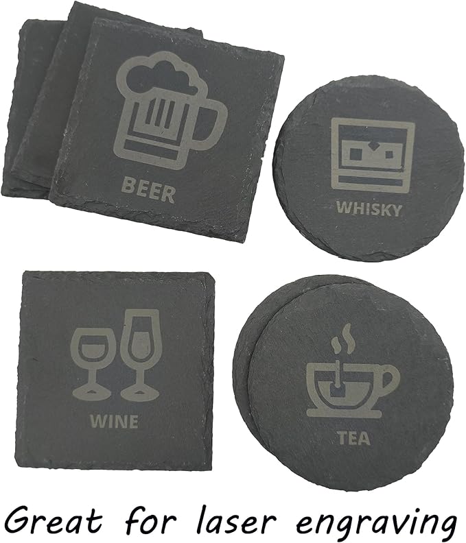 8 Pack 4 inch Round Slate Coasters with Metal Holder,Handmade Natural Rough Edge,with Integral Anti-Skid pad,Laser Engraving Blanks,Stone Coasters