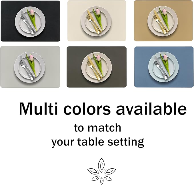 More Décor Faux Leather Placemats Set of 4 for Dining Table – Waterproof, Wipeable, Washable, Stain & Heat Resistant, Non-Slip Table Mats – 12 X 17 Inch (Solid Black, 4)