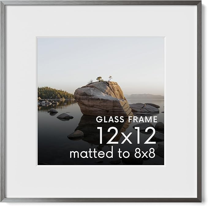 HAUS AND HUES 12x12 Picture Frame with Real Glass & Gray Premium-Grade Metal Matted to 8x8 - Aluminum 12x12 Picture Frame - Includes Hanging Kit - Ideal for Home, Office (12x12 in, Gray)