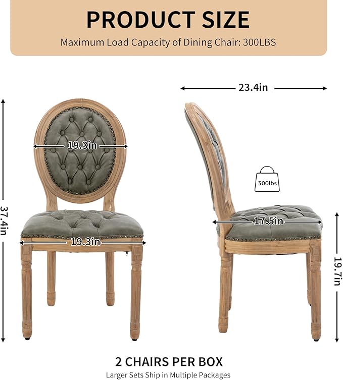 Vintage French Dining Chairs Set of 6, Round Back PU Leather Upholstered Side Chairs with Nailhead Trim and Solid Wood Frame, Sillas de Comedor for Dining Room & Kitchen, Olive Green