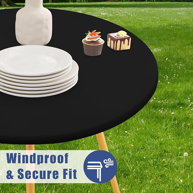 Round Spandex Tablecloth, Elastic Fitted Waterproof Tablecloths for 57"-68" Tables, Stretch Washable Picnic Table Cover for Camping, Dining, Indoor and Outdoor, Black