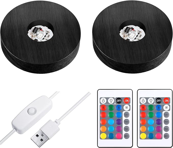 2 Pcs Light LED Base Wood LED Display Base for Glass Art Valentine Decor Crystal Acrylic Resin, 16 Colored USB Light with Remote Wooden Round Lamp Stand for 3D Crystal Ball Room Home Decor(Black)