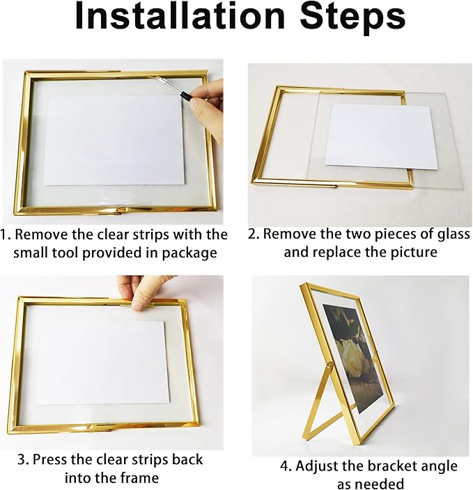 Gold Floating Picture Frames - Set of 3, for Photo Size 4×4, 4×6, 5×7, Vertical Tabletop Display, Double Glass Metal Frame for Wedding, Home or Office Desk Decoration (Gold)