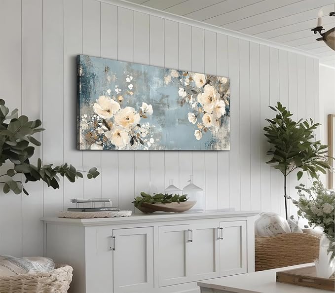 ADJUVANT Wall Art Vintage Floral 48" L x 24" W, Creamy Flowers On Distressed Blue Background Canvas Painting Blossoms Artwork Prints Floral Wall Decor for Living Room Bedroom Dining Room Home Office