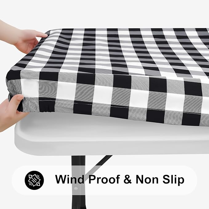 Smiry Square Picnic Table Cloth, Elastic Waterproof Fitted Vinyl Tablecloths, Flannel Backed Buffalo Plaid Table Covers for Dining, Camping, Outdoor (Black and White, 24" x 24")