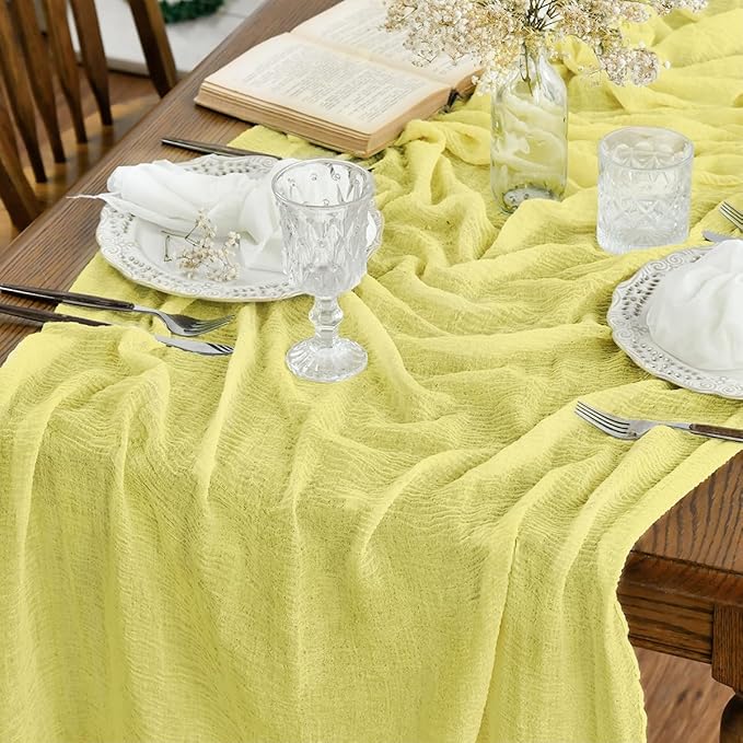 Artoid Mode Boho Light Yellow Gauze Wedding 3Pcs Table Runner, 120 Inch Seasonal Fabric Kitchen Dining Holiday Table Decor for Home Party Indoor