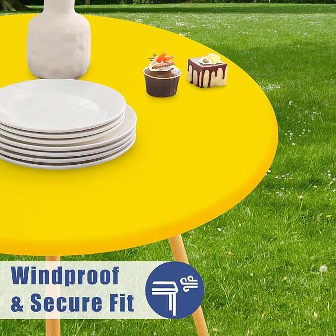 Round Spandex Tablecloth, Elastic Fitted Waterproof Tablecloths for 42"-50" Tables, Stretch Washable Picnic Table Cover for Camping, Dining, Indoor and Outdoor, Yellow