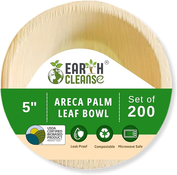 5" Areca Palm Leaf Round Bowls Compostable Biodegradable Eco-Friendly Bowls Natural Disposable Bowls, Perfect for Picnic Catering, Dessert, and Wedding (Pack of 200)