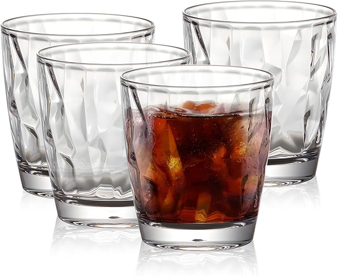 Topsky 10-ounce Plastic Water Tumblers | Set of 4 Transparent Unbreakable Drinking Glasses Clear Acrylic Reusable Juice Wine Cups for Home Picnic Party, Dishwasher Safe, Stackable (Transparent)