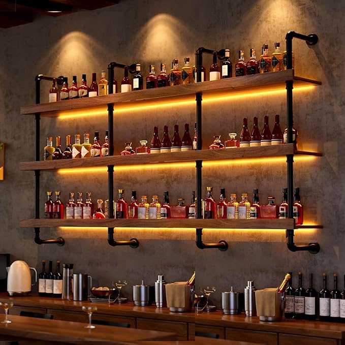 55.1in Large Wine Rack with LED Light Solid Wood Wall Mounted Wine Rack, 3-Tiers Liquor Bottles Floating Shelves Display Storage Organizer for Home Bar & Dining Room (140cm/55.1in)