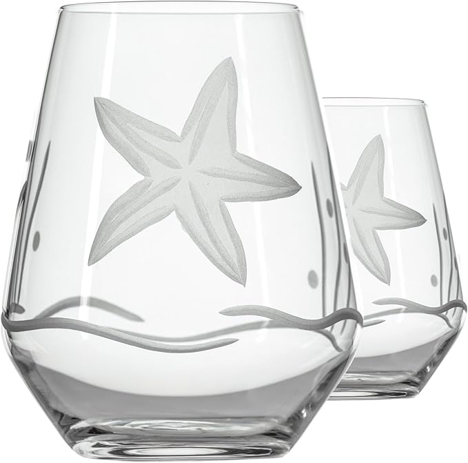 Rolf Glass Starfish Stemless Wine Glass 18 Ounce | Set of 2 Large Stemless Wine Glasses | Engraved Lead-Free Wine Tumblers| Made in the USA