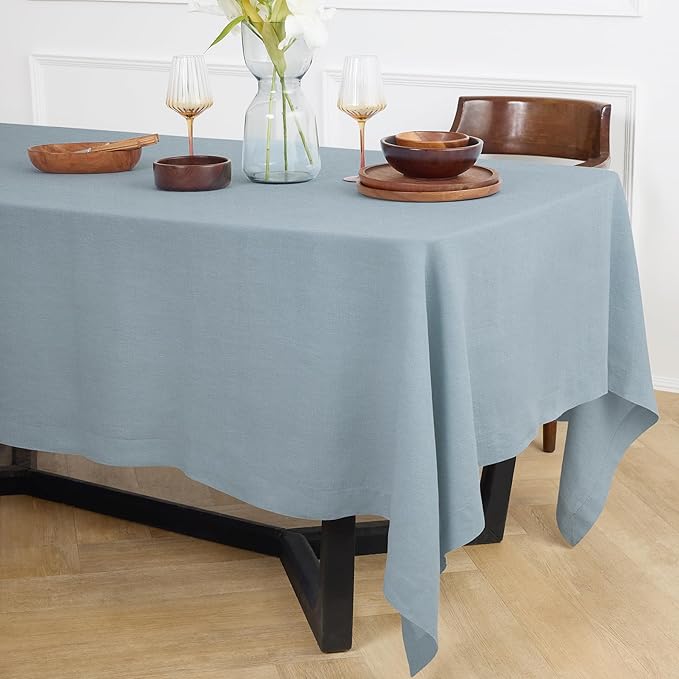 Solino Home Linen Dusty Blue Tablecloth 70 x 132 Inch - 100% Pure Linen Rectangular Tablecloth - Machine Washable Table Cloth for Winter, Spring, Easter - Sonoma