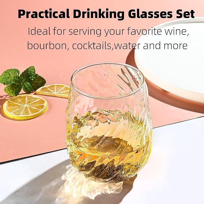 Stemless Wine Glasses Set of 12, 17Oz Red/White Wine Glasses with No Stem, Chiseled Textured Glassware Set for Daily Use, Home Bar, Birthdays, Housewarming Gift, Dishwasher Safe