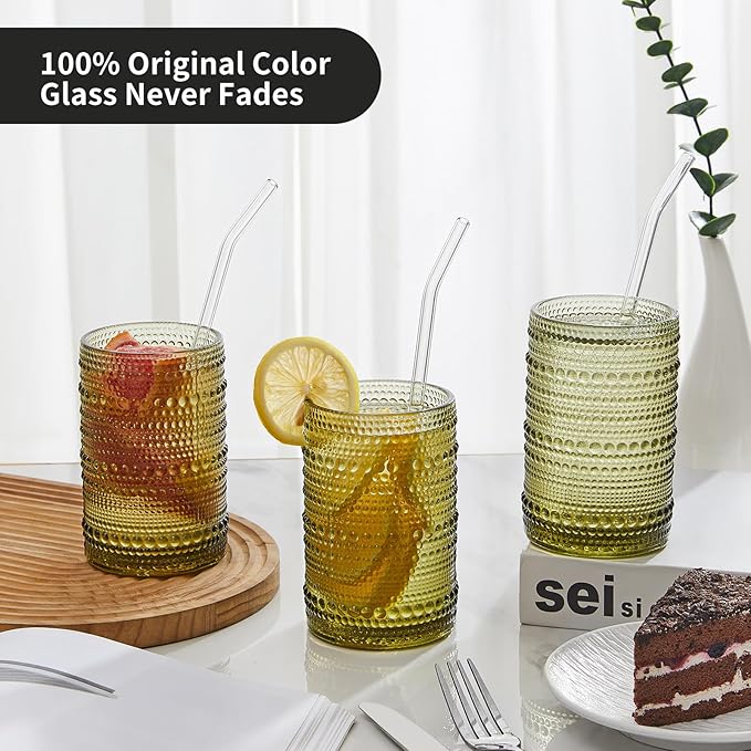 Hobnail Drinking Glasses Set of 6,15 oz Vintage Glassware Set Cocktail Glass Set, Embossed Green Water Tumbler,for Beer, Whiskey,Juice and Various Mixed Drinks (15oz Green)