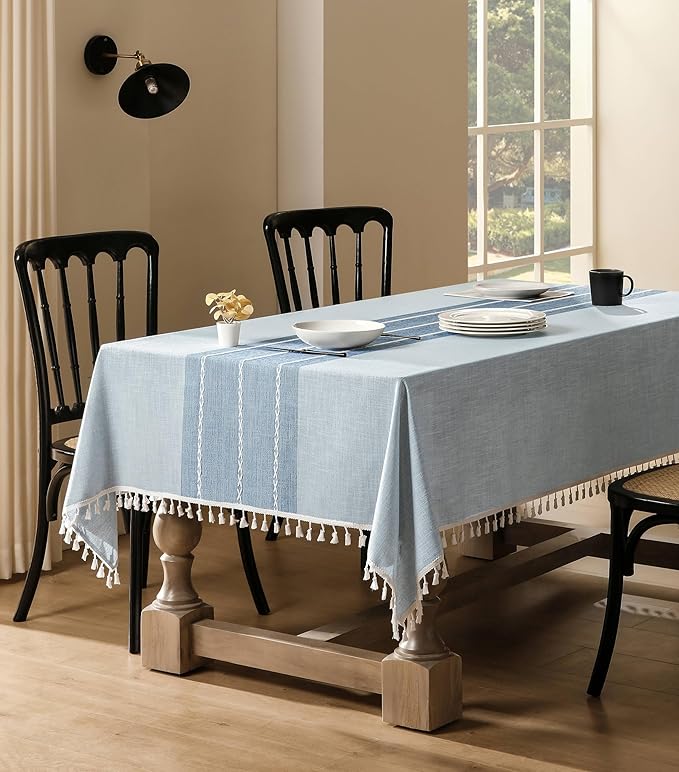 ZeeMart Contrast Linen Table Cloth Rectangle Table Cloths 60x104 Inch Blue, Farmhouse Style Heavy Weight Blue Tablecloth, Water Resistant Burlap Tablecloths