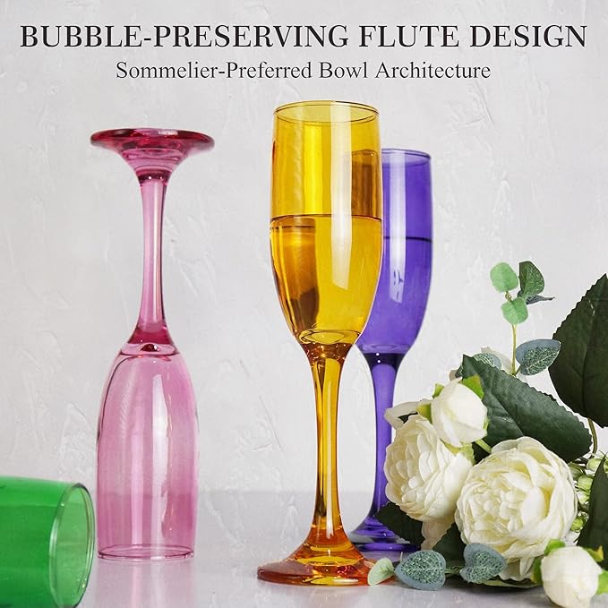 Champagne Flutes Glasses Set of 6-6oz Multi Colored Glass, Unique Colorful Long Stem Champagne Flute Gift for Wedding, Anniversaries, Parties, Birthday, Restaurant, Home Bar